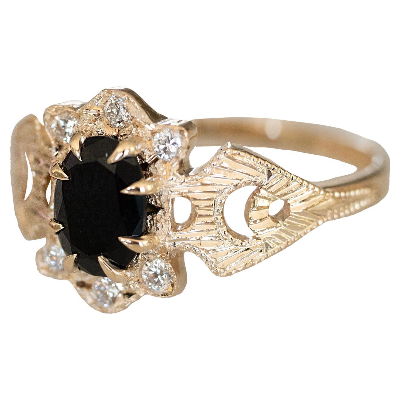 For Sale:  Onyx Diamond Oval Cut Claw Prong Moon Crescent Lullaby Baby Ring