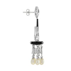 Onyx Diamond Pearl Art Deco Style Chandelier Earrings in 18K White Gold