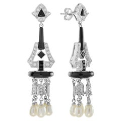 Onyx Diamond Pearl Art Deco Style Chandelier Earrings in 18K White Gold