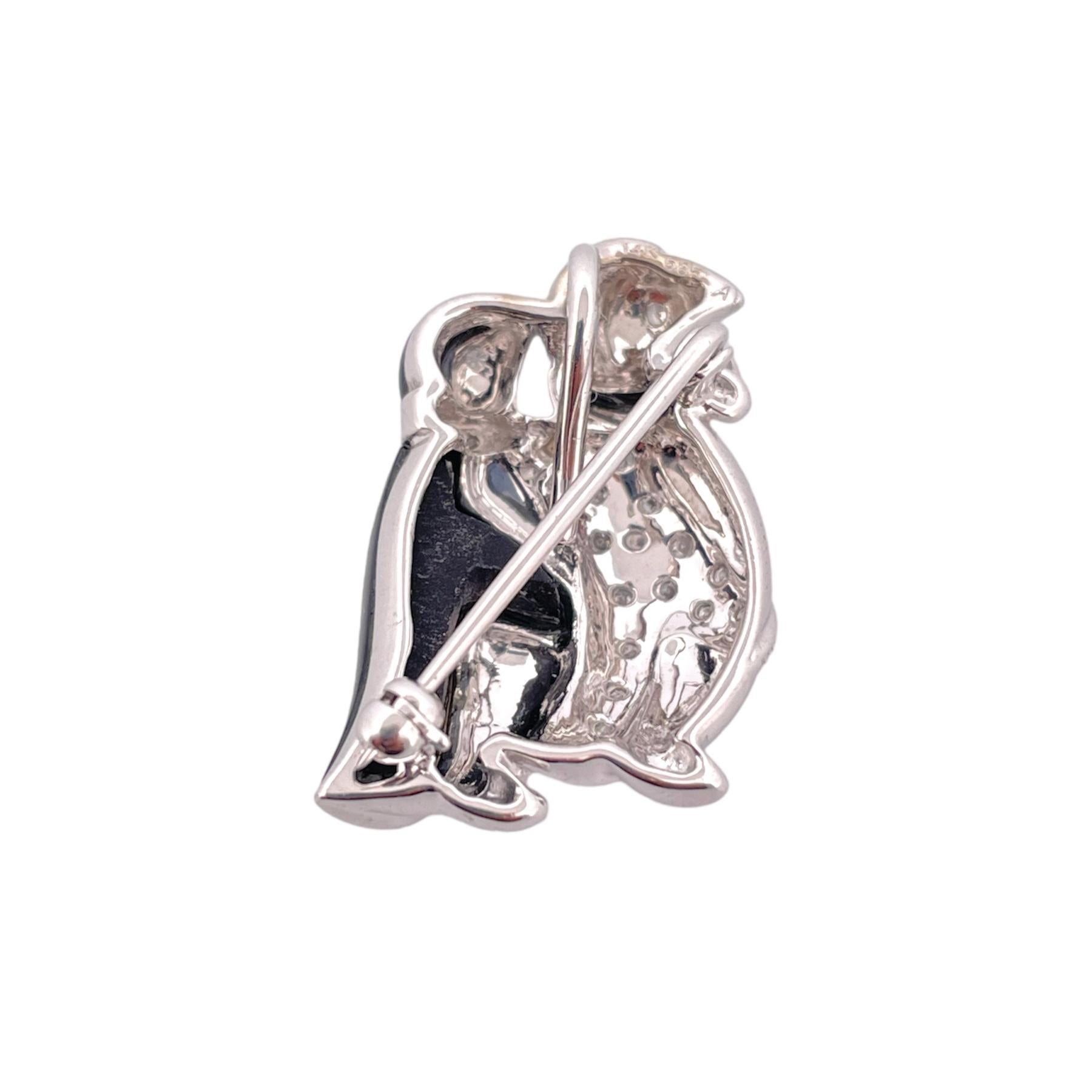 Round Cut Onyx & Diamond Penguins Brooch - 14K White Gold For Sale