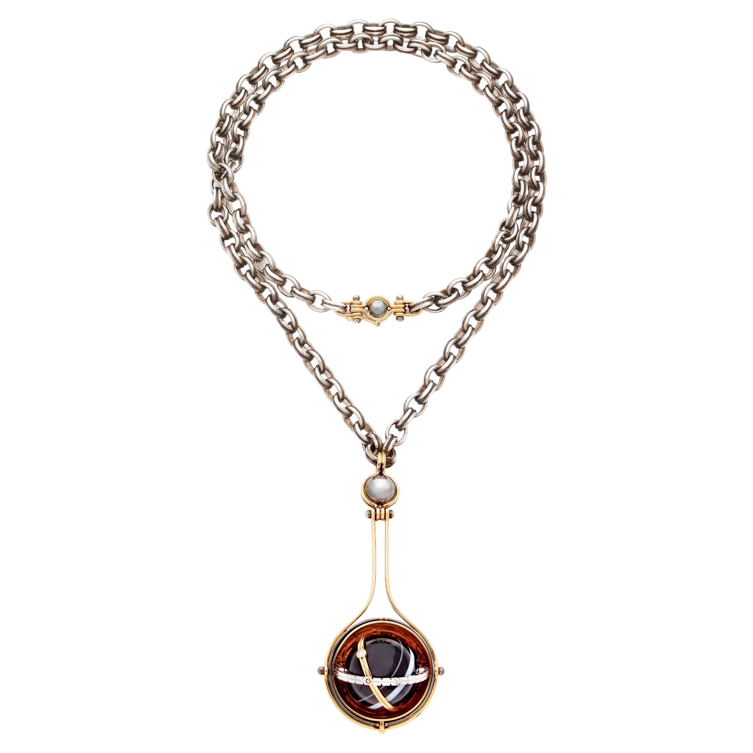 Onyx & Diamond Pluton Pendant in 18k Yellow Gold & Distressed Silver by Elie Top