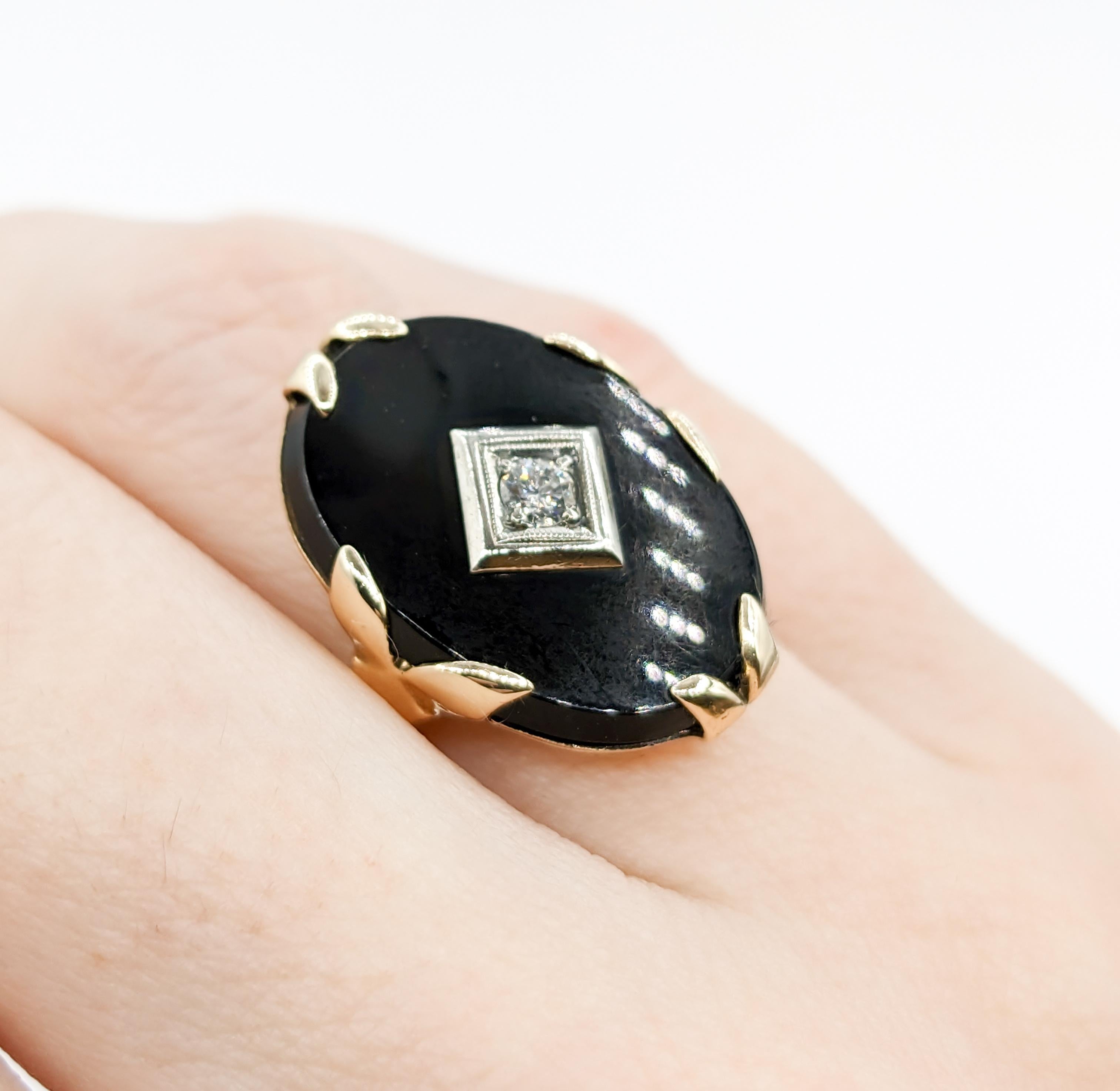 Round Cut Onyx & Diamond Ring in 10K Gold For Sale