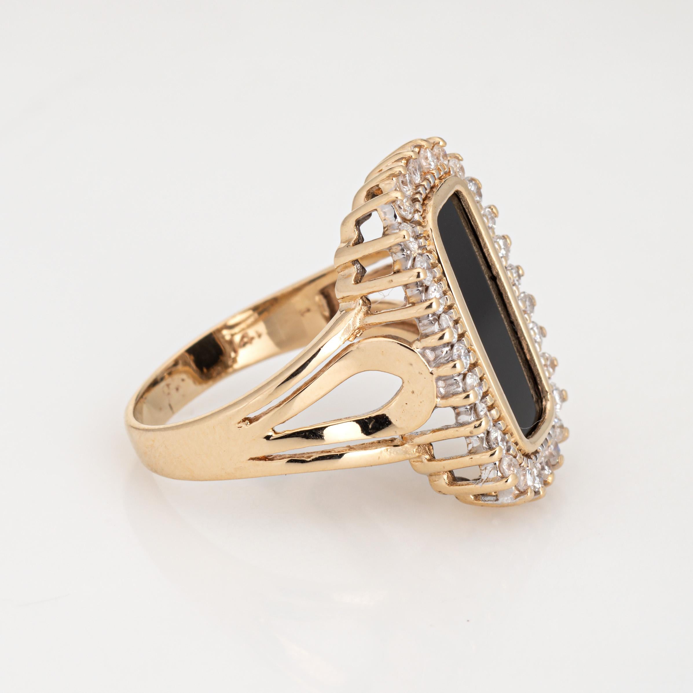 Modern Onyx Diamond Ring Vintage 14k Yellow Gold Sz 7.75 Elonged Square Cocktail  For Sale