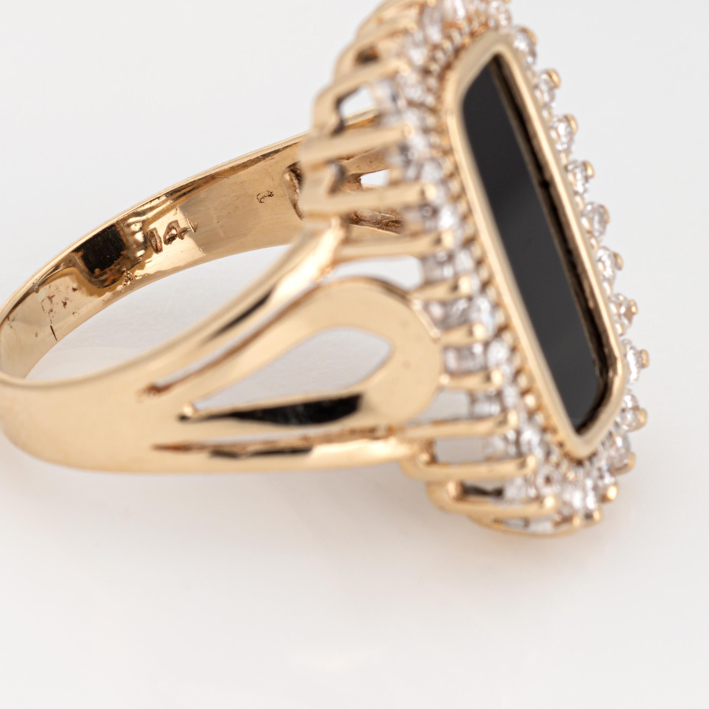 Onyx Diamond Ring Vintage 14k Yellow Gold Sz 7.75 Elonged Square Cocktail  For Sale 1