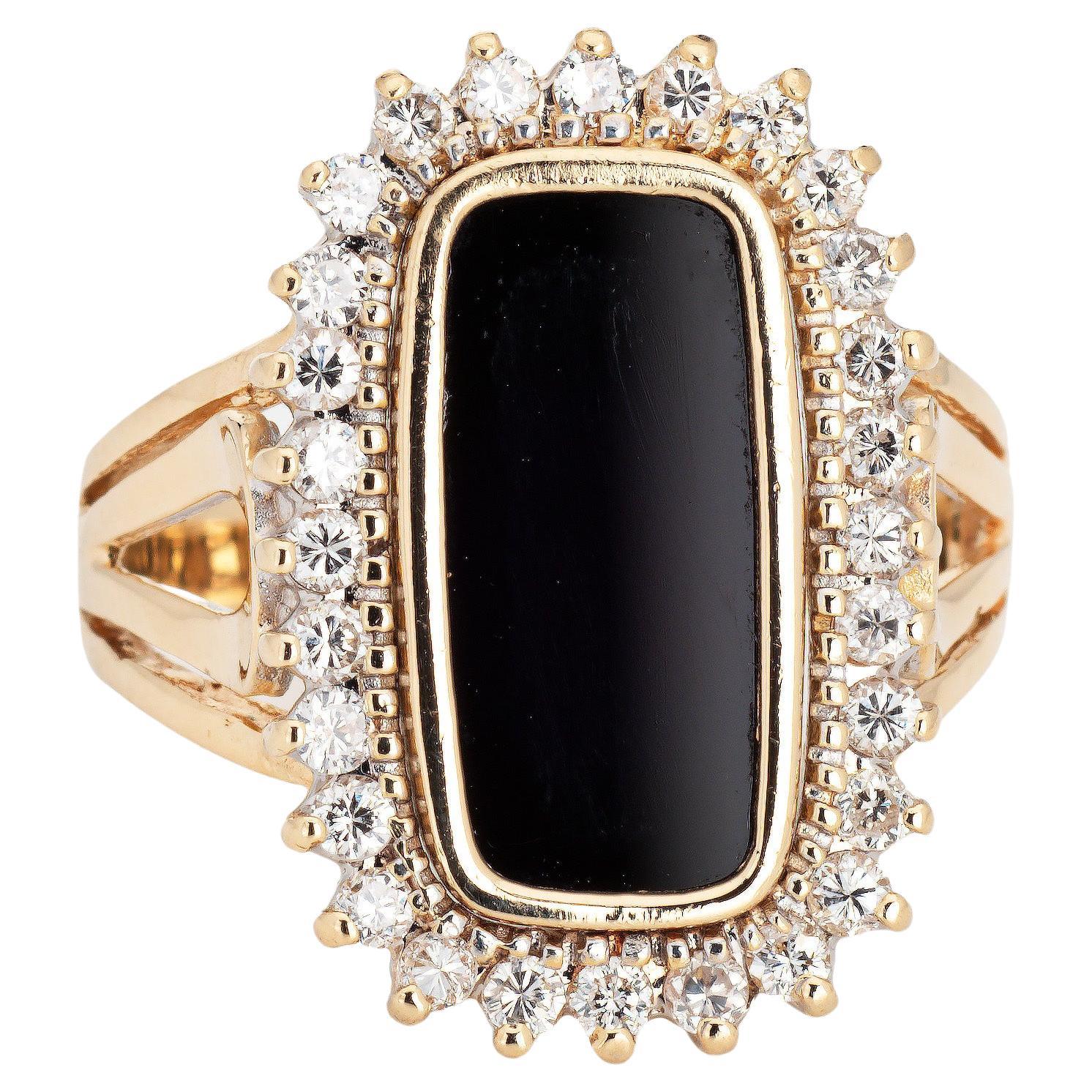 Onyx Diamond Ring Vintage 14k Yellow Gold Sz 7.75 Elonged Square Cocktail  For Sale