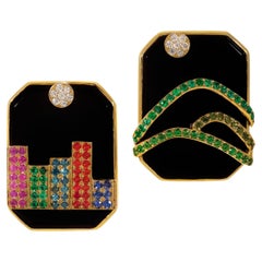 Pendientes gota de ónix, diamante, zafiro, esmeralda y tsavorita engastados en oro amarillo