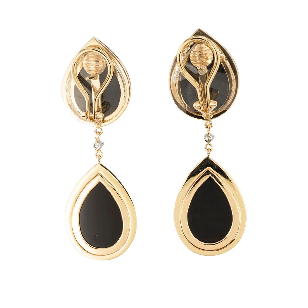 Contemporary Onyx Diamond Yellow Gold Clip On Drop Earrings