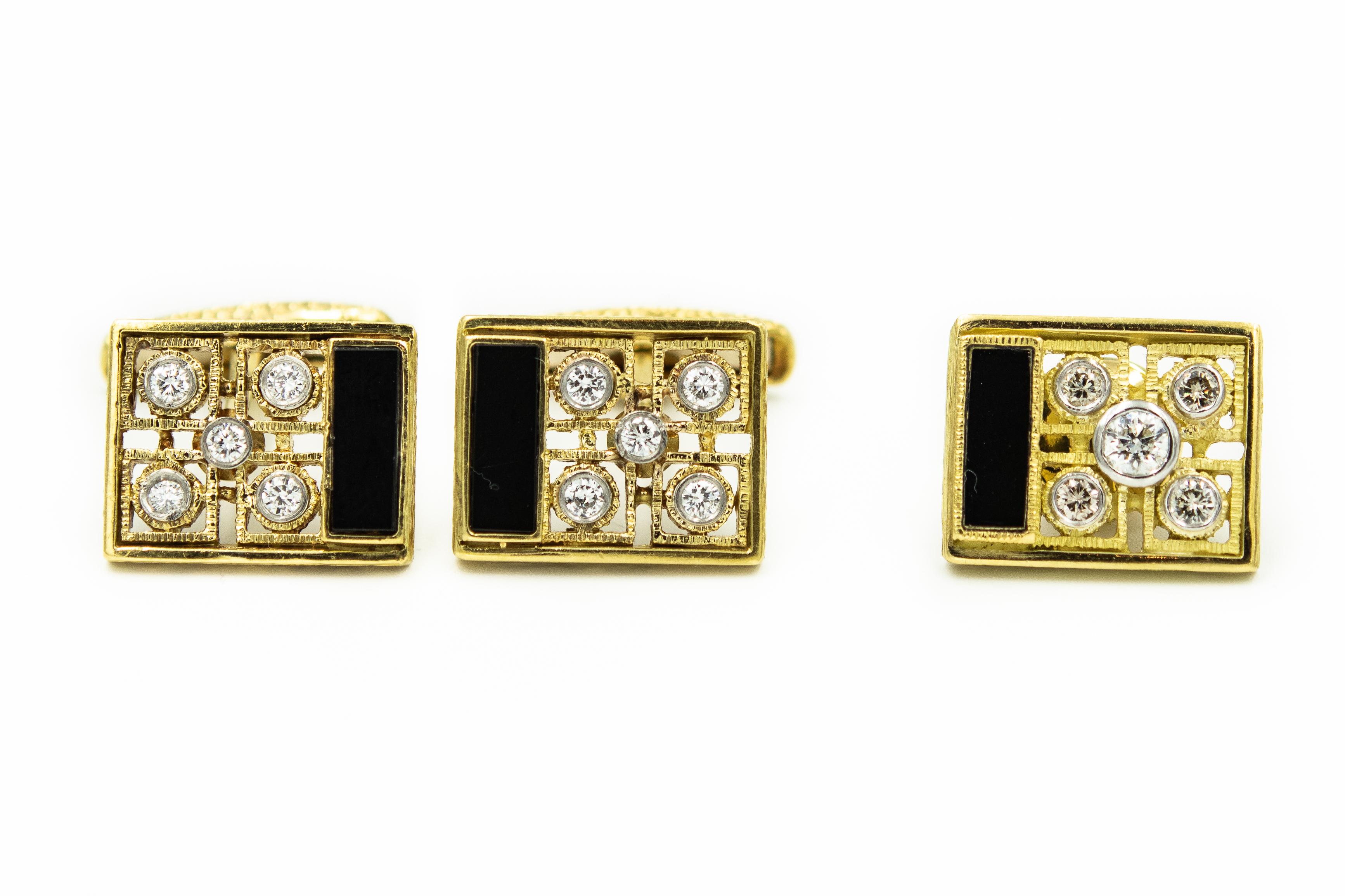 Stunning onyx and diamond 18k yellow cufflinks and tie tac featuring a beautifully designed open diamond  