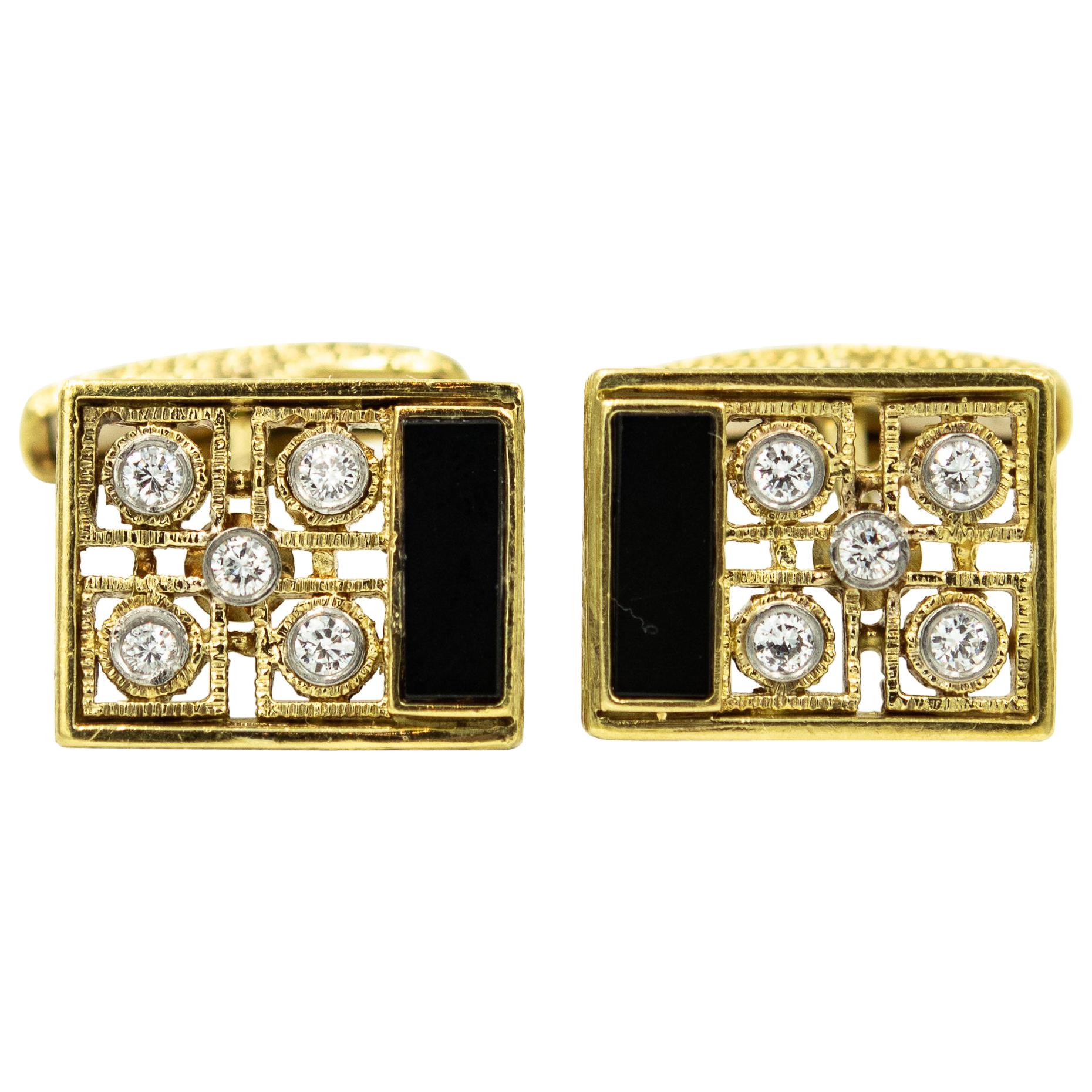 Onyx Diamond Yellow Gold Rectangular Cufflinks and Tie Tac Set For Sale