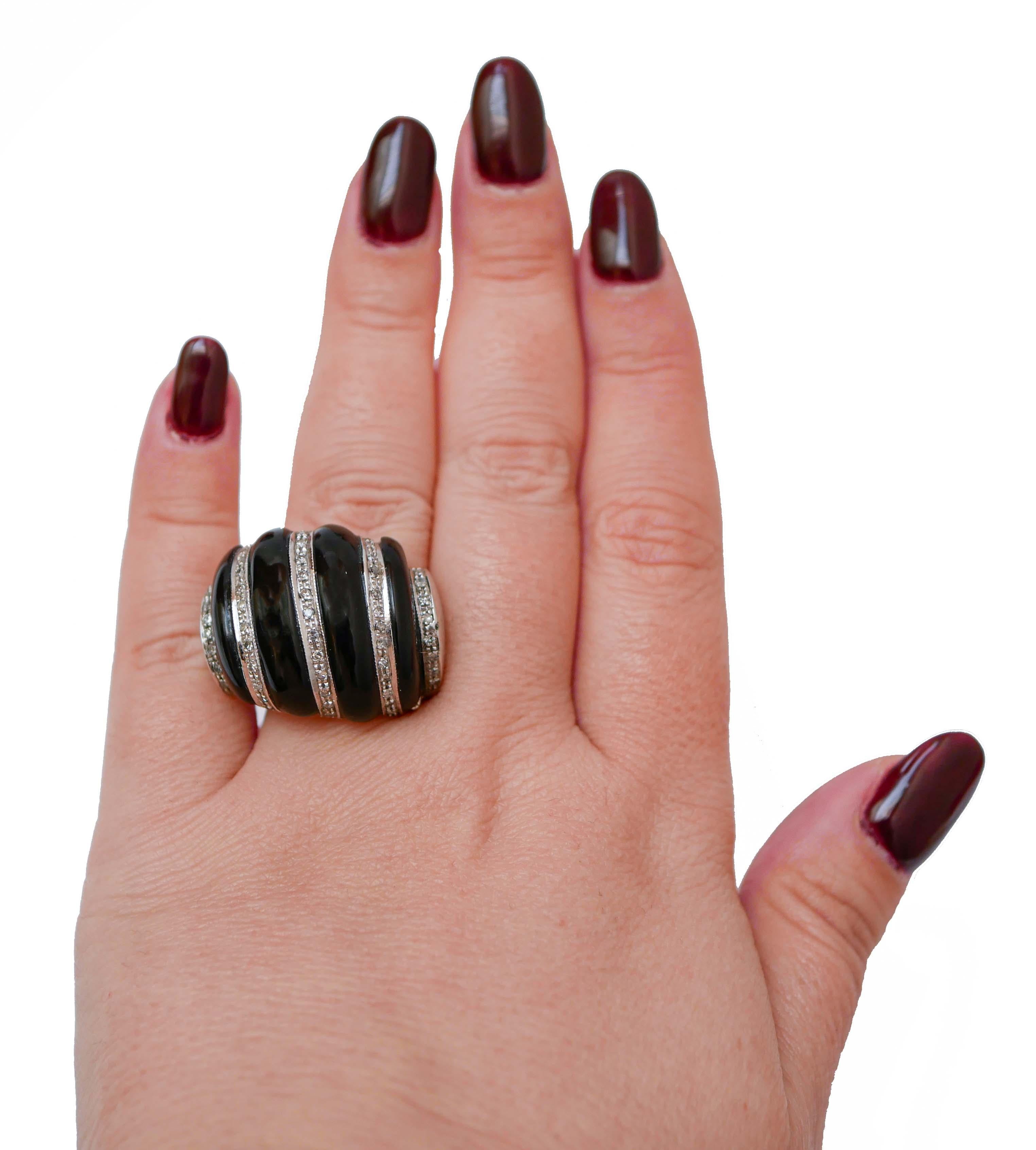 Mixed Cut Onyx, Diamonds, 14 Karat White Gold Dome Ring. For Sale