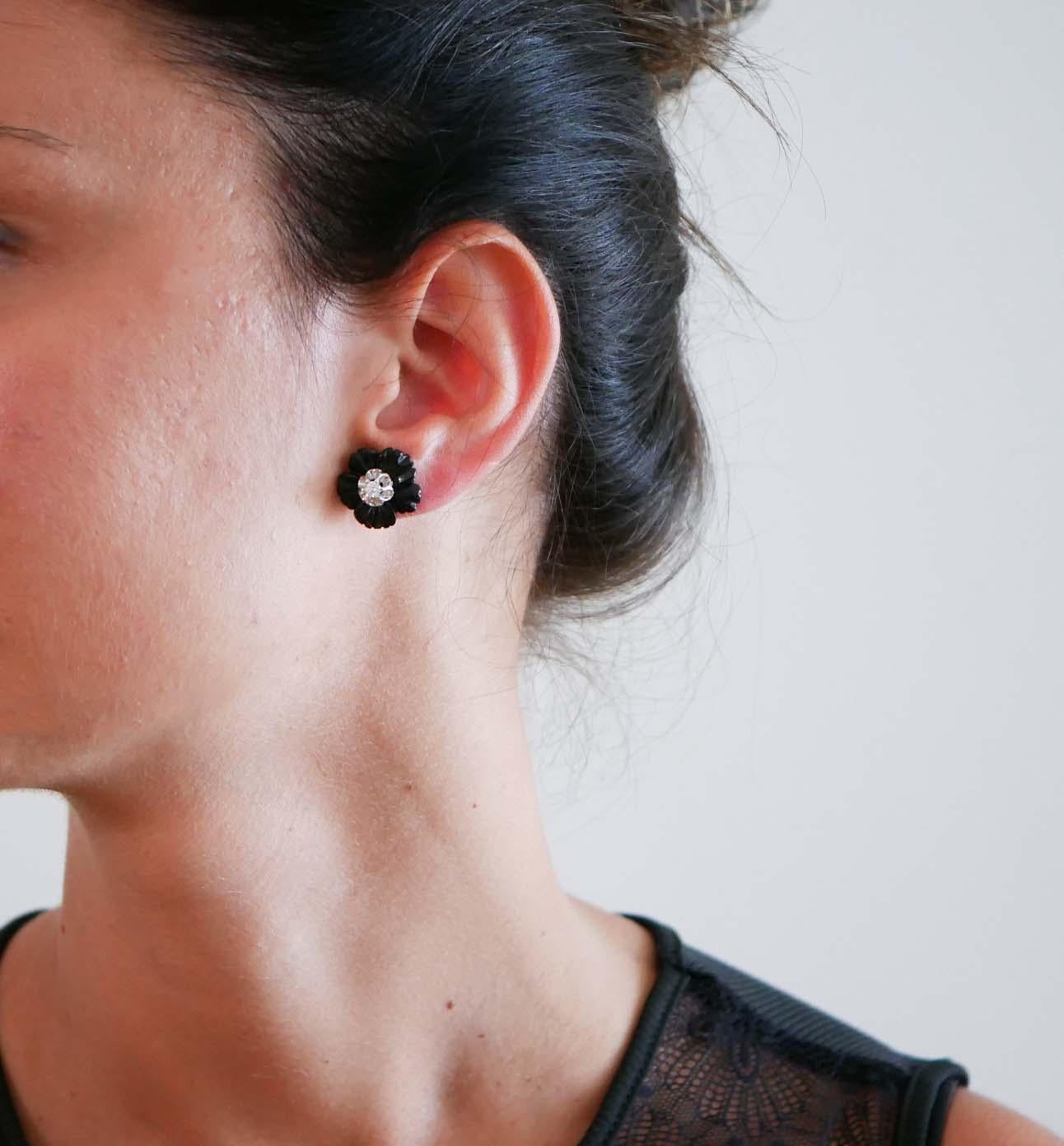 Mixed Cut Onyx, Diamonds, 14 Karat White Gold Earrings.