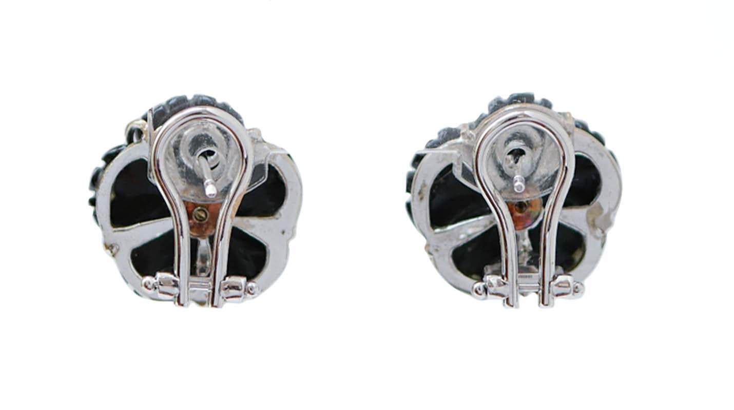 Retro Onyx, Diamonds, 14 Karat White Gold Flower Earrings.