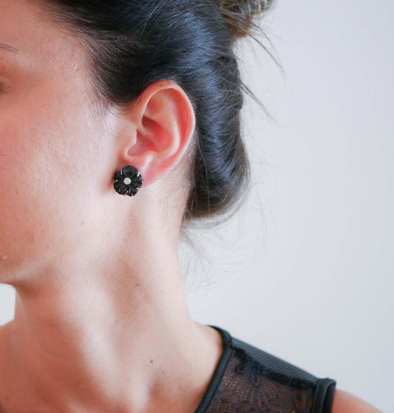 Brilliant Cut Onyx, Diamonds, 14 Karat White Gold Flower Earrings.