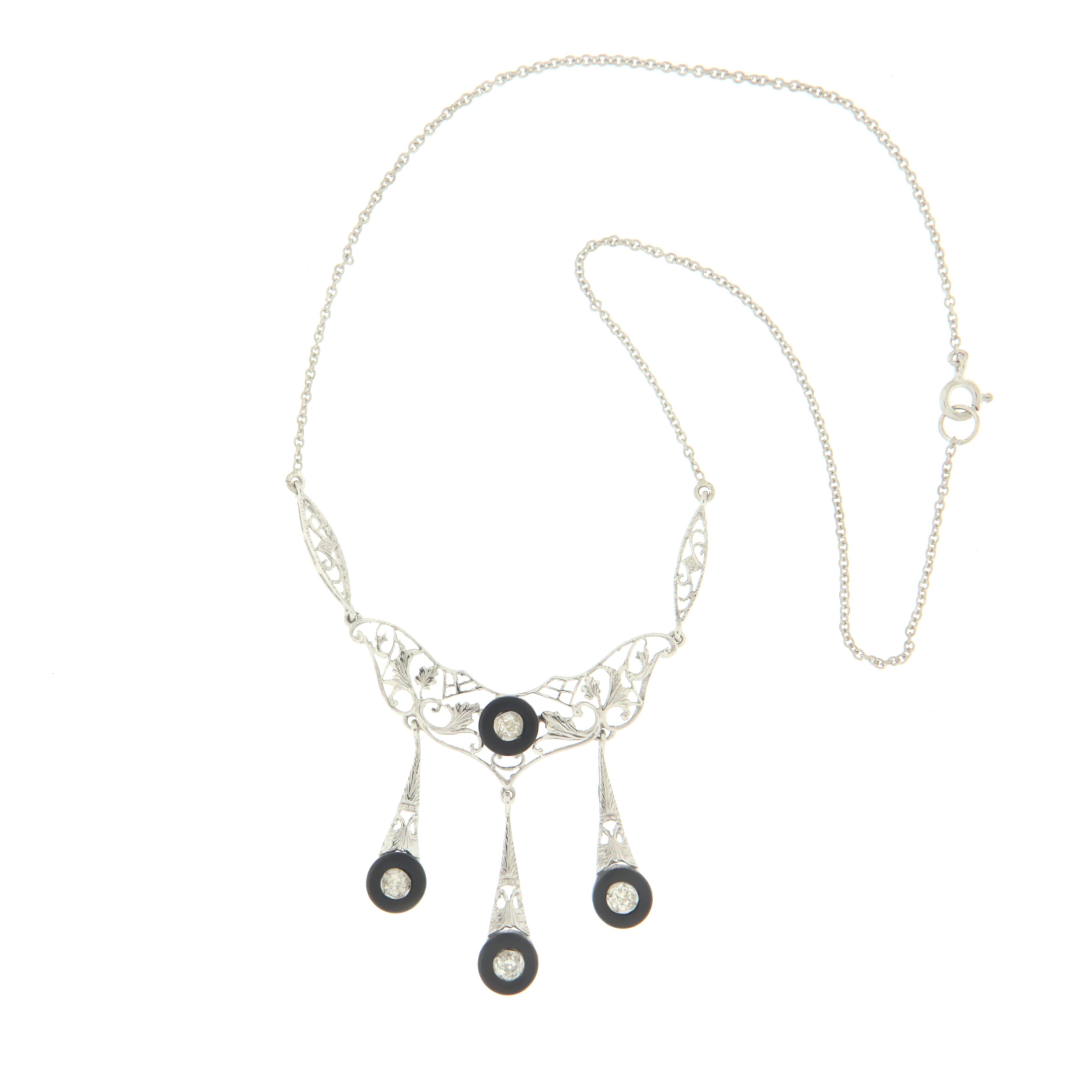 Artisan Onyx Diamonds 14 Karat White Gold Pendant Necklace For Sale