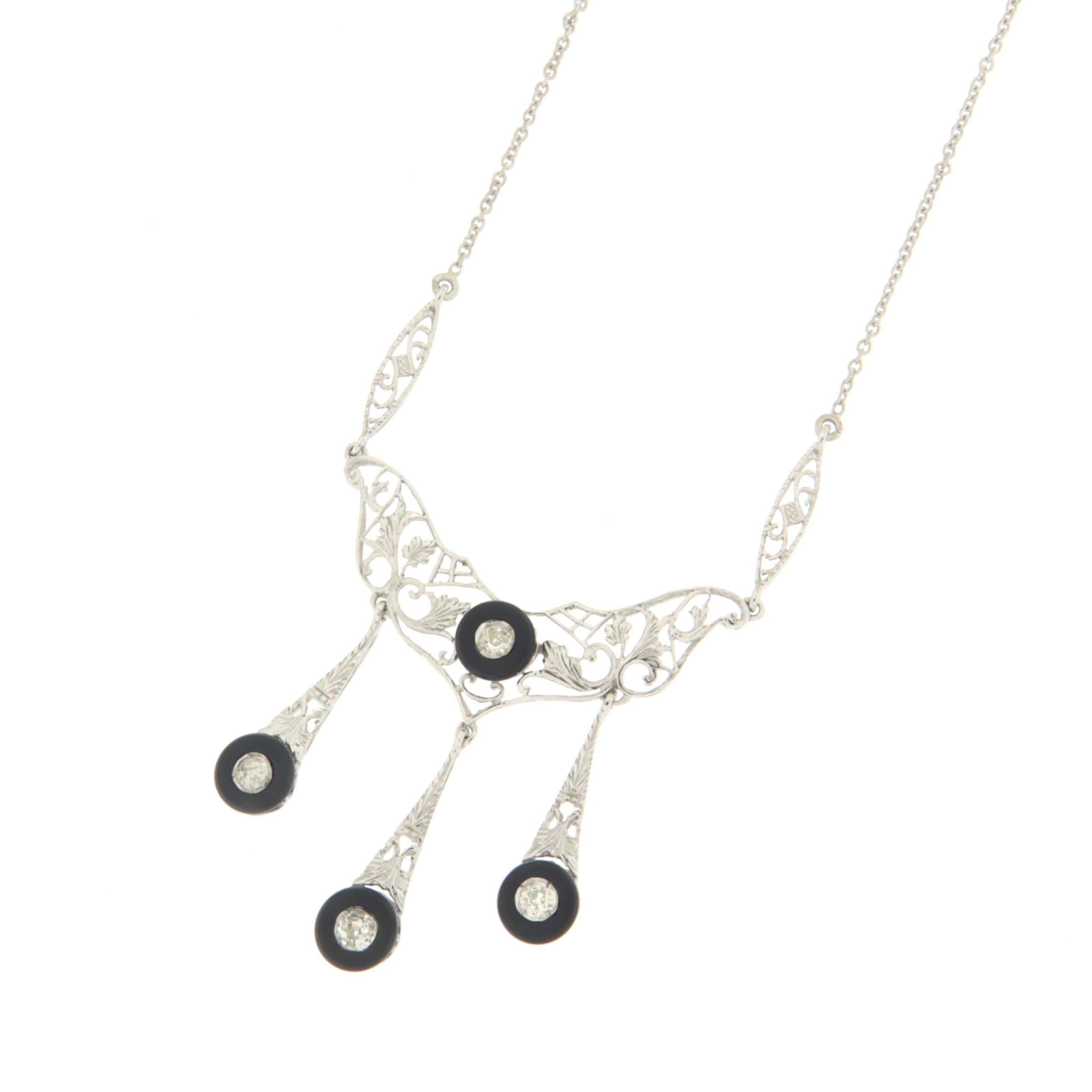 Brilliant Cut Onyx Diamonds 14 Karat White Gold Pendant Necklace For Sale