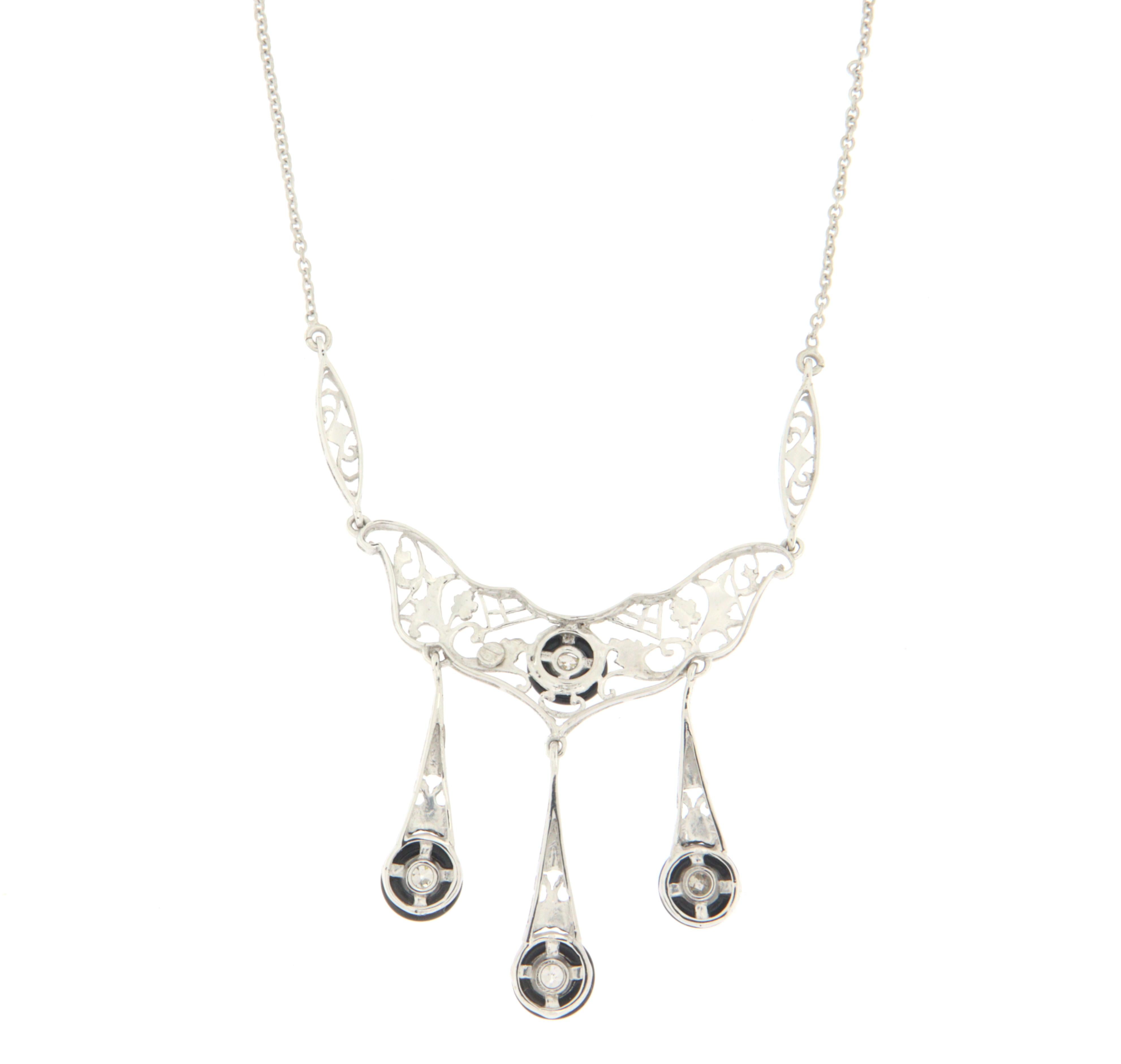 Women's Onyx Diamonds 14 Karat White Gold Pendant Necklace For Sale