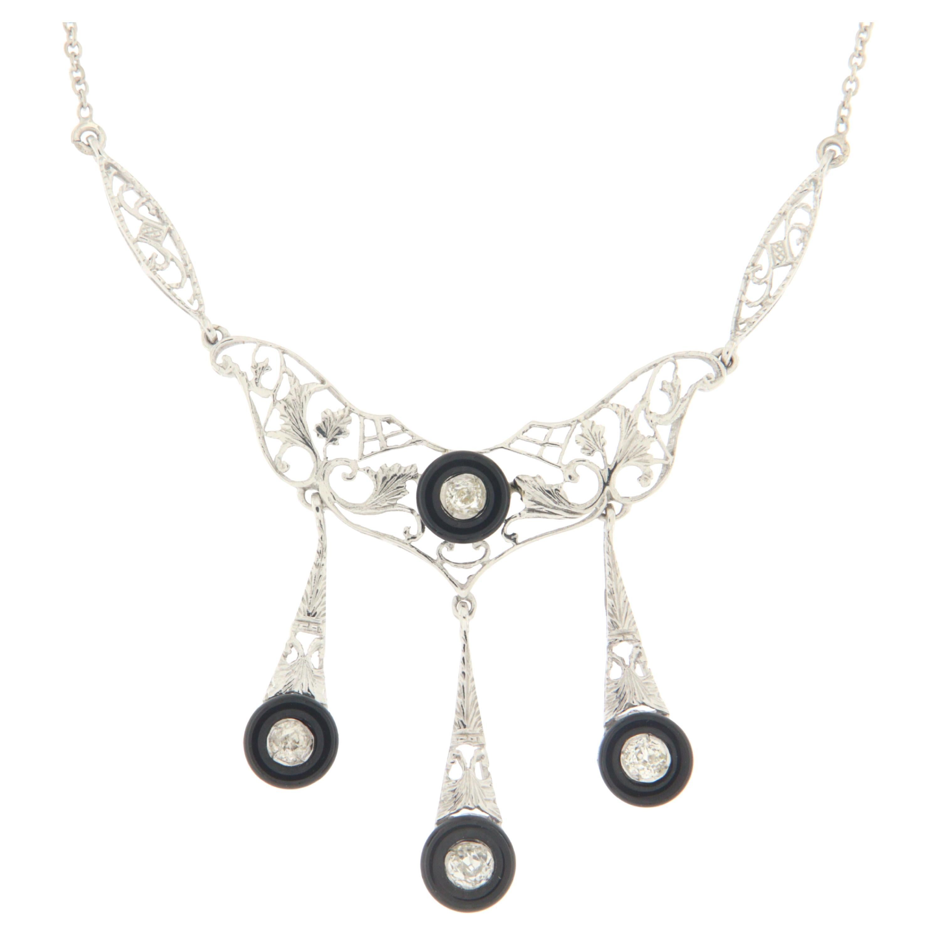 Onyx Diamonds 14 Karat White Gold Pendant Necklace