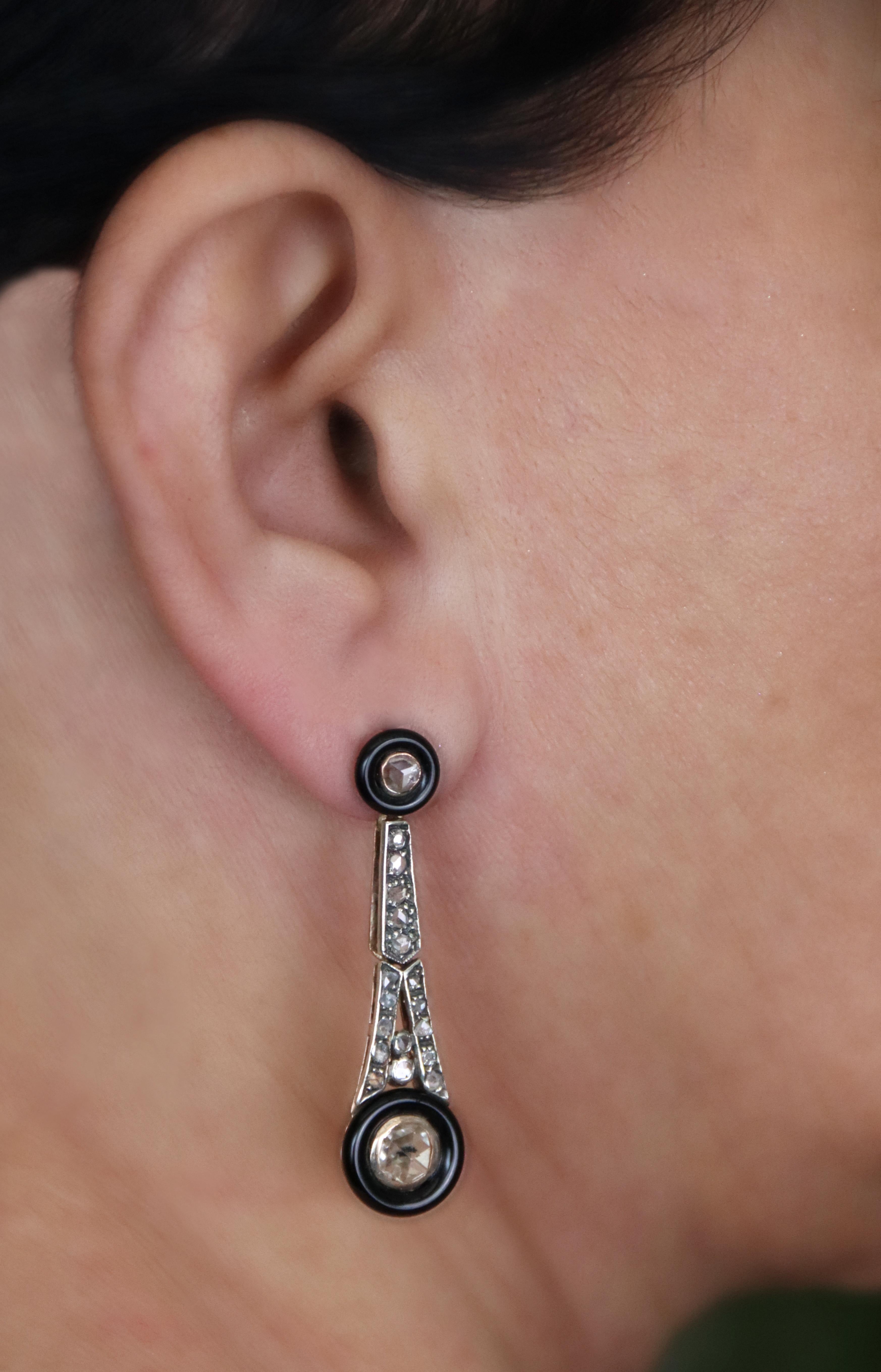 Onyx Diamonds 14 Karat Yellow Gold Drop Earrings For Sale 4