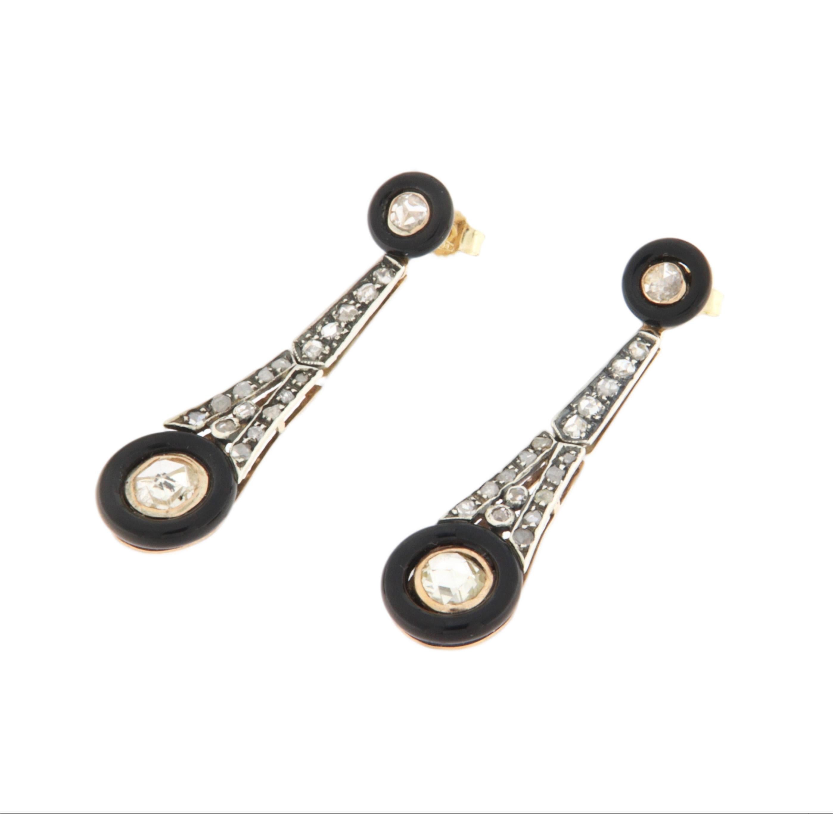 Artisan Onyx Diamonds 14 Karat Yellow Gold Drop Earrings For Sale