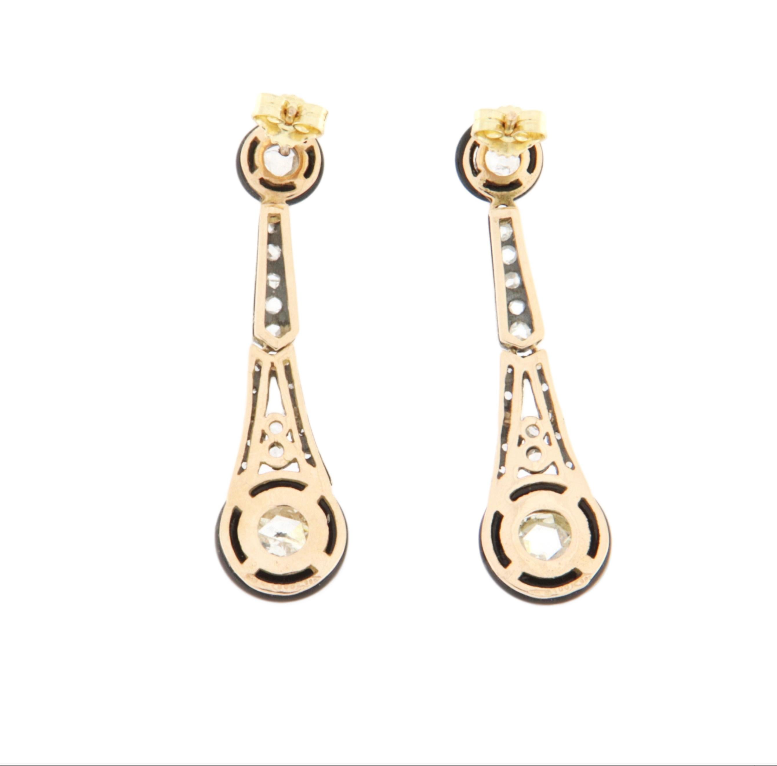 Rose Cut Onyx Diamonds 14 Karat Yellow Gold Drop Earrings For Sale