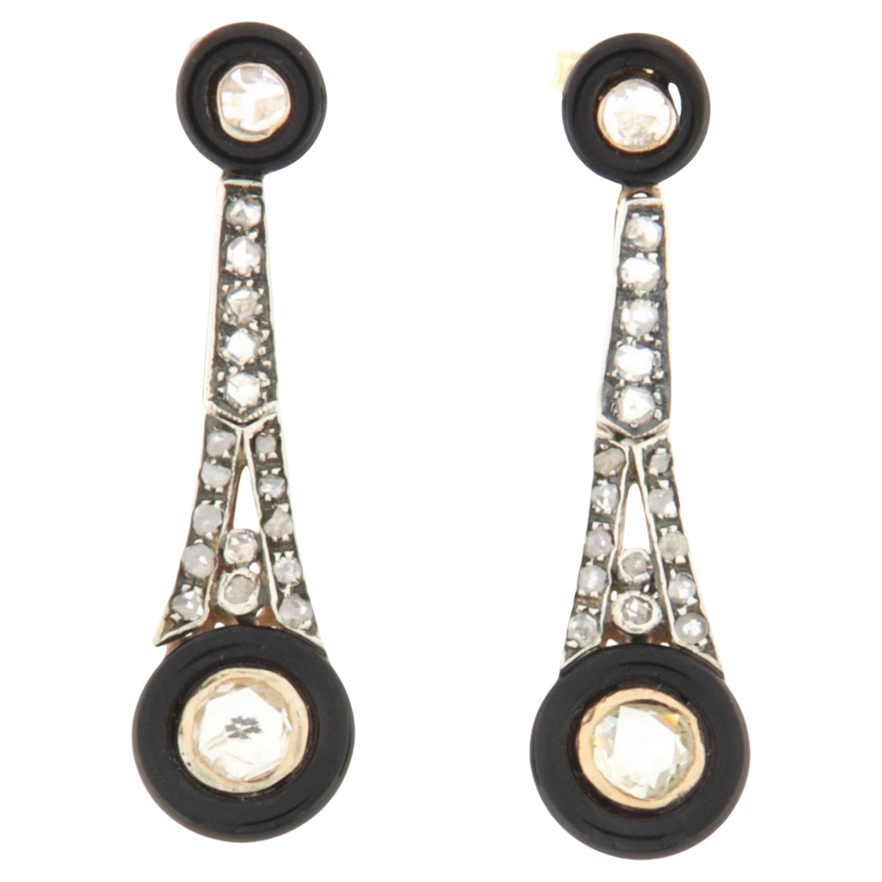 Tropfenohrringe aus 14 Karat Gelbgold mit Onyx und Diamanten