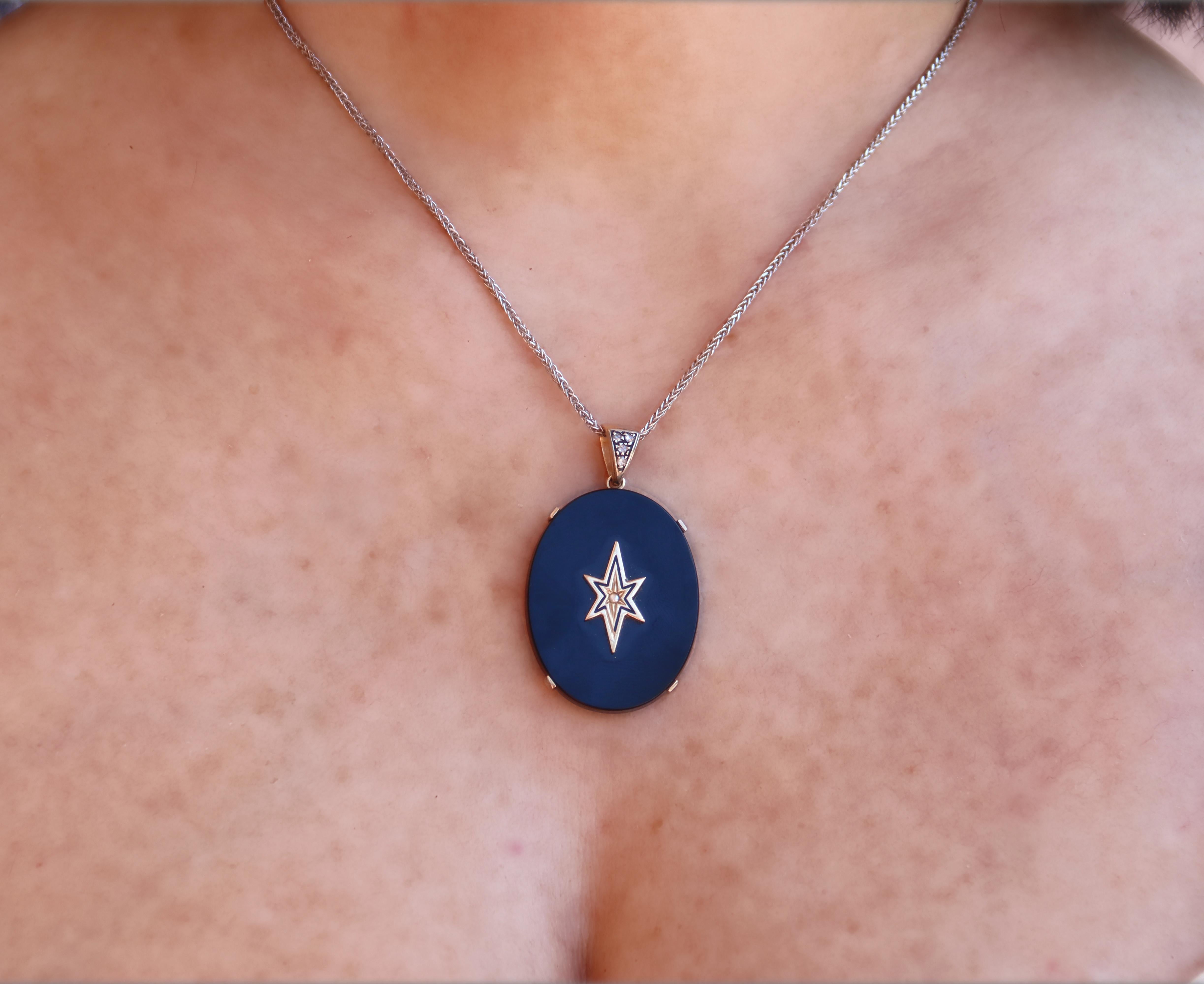 Collana con ciondolo in oro giallo 14 carati e diamanti d'onice in vendita 3