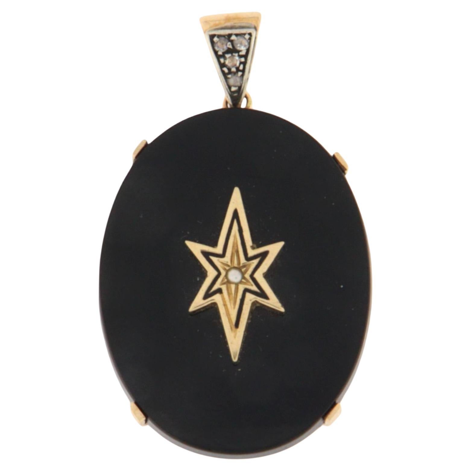 Onyx-Diamanten 14 Karat Gelbgold-Anhänger Halskette