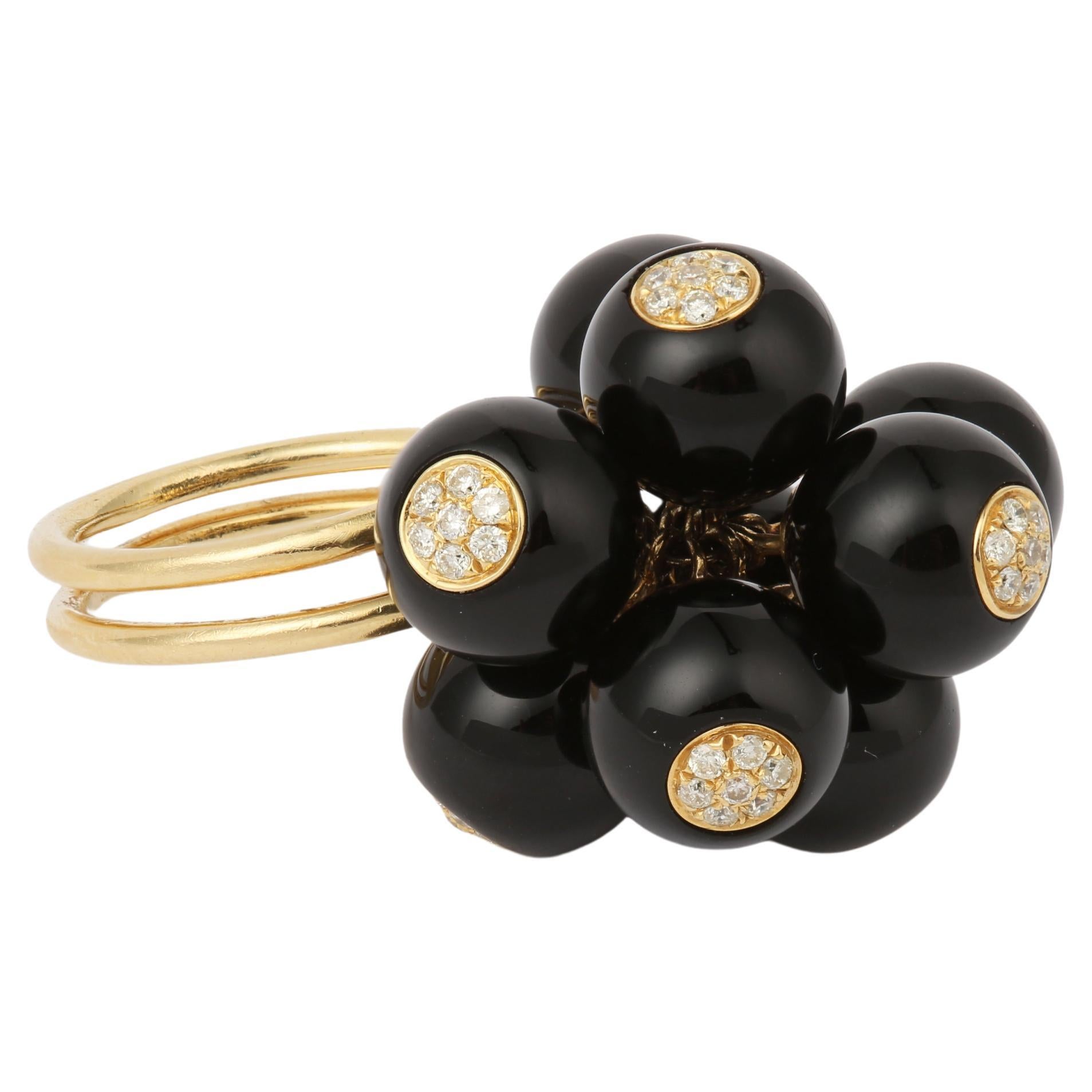 Onyx Diamonds 18 Carat Yellow Gold Grelots Ring For Sale