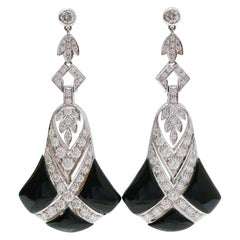 Vintage Onyx, Diamonds, 18 Karat White Gold Dangle Earrings.