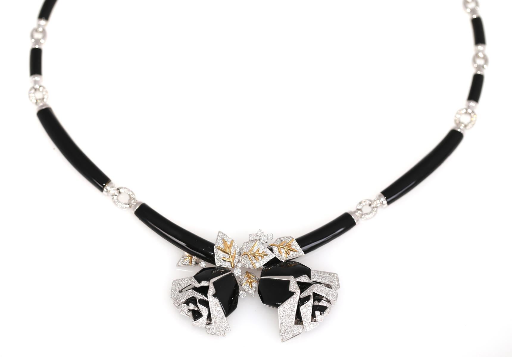 Women's Onyx Diamonds Necklace Black Roses Link 18K White Gold Box, 1998