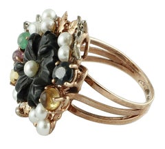 Onyx Diamonds Emeralds Sapphires Pearls 9 Karat Rose Gold and Silver Flower Ring