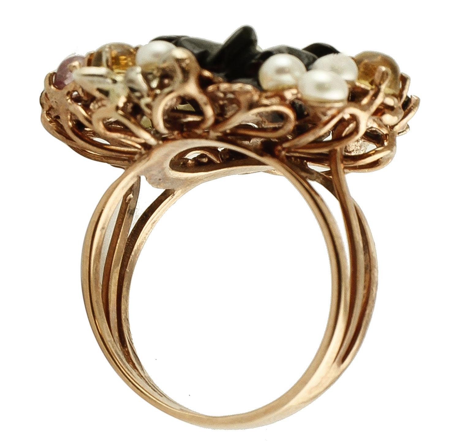 Mixed Cut Onyx Diamonds Emeralds Sapphires Pearls 9 Karat Rose Gold and Silver Flower Ring For Sale