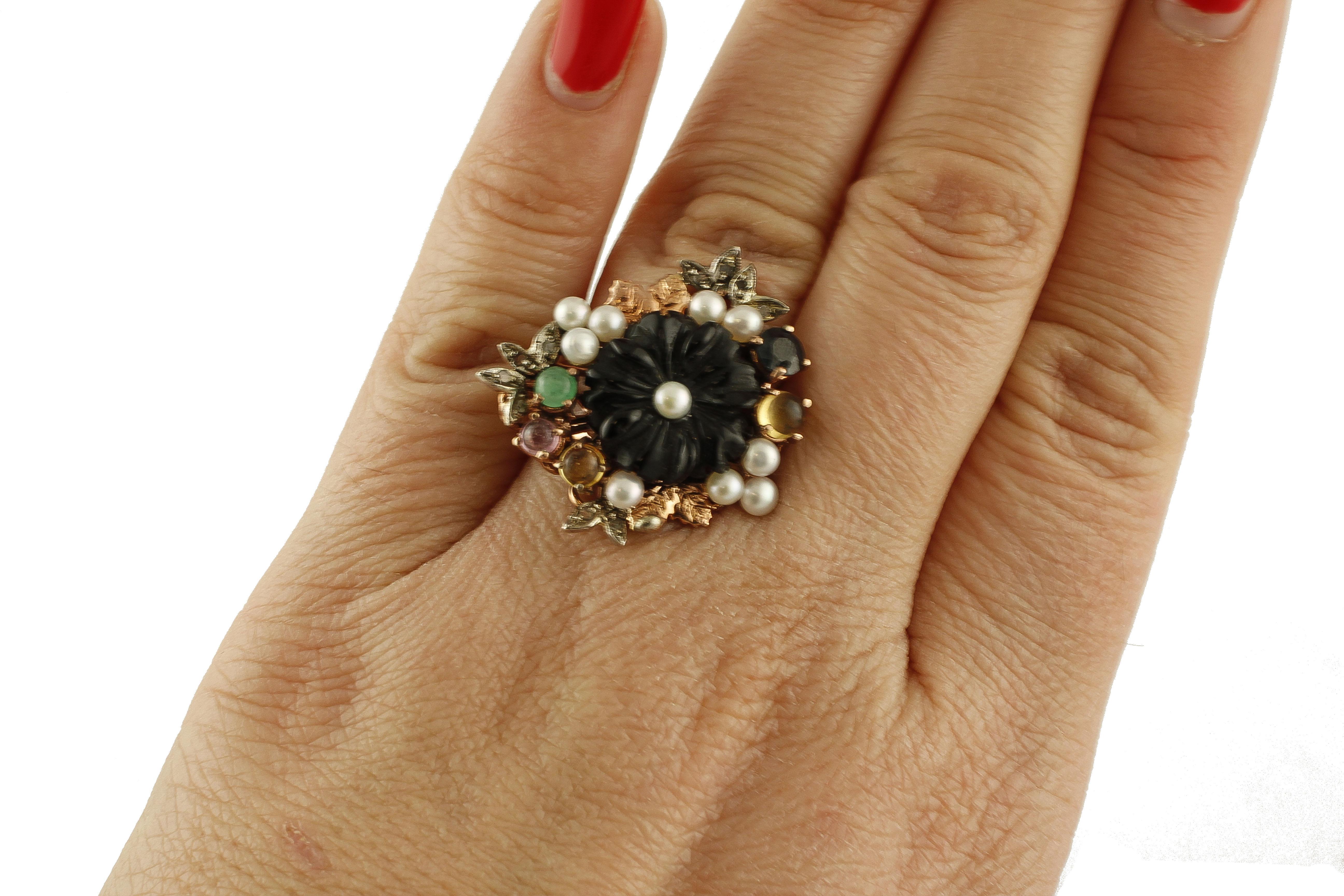 Women's Onyx Diamonds Emeralds Sapphires Pearls 9 Karat Rose Gold and Silver Flower Ring For Sale