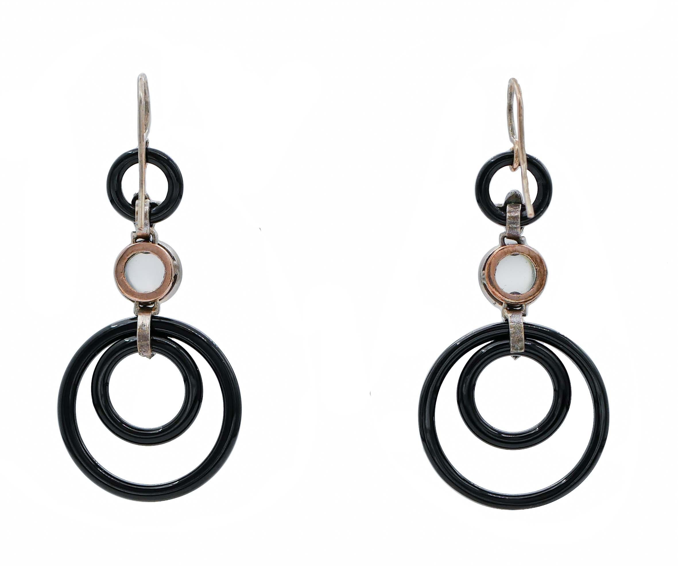 Retro Onyx, Diamonds, Moonstones, Rose Gold and Silver Dangle Earrings For Sale