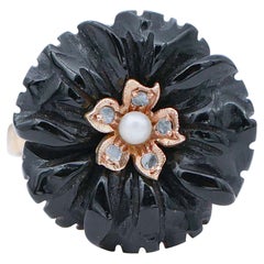 Onyx, Diamonds, Pearl, Rose Gold and Silver Retrò Ring.