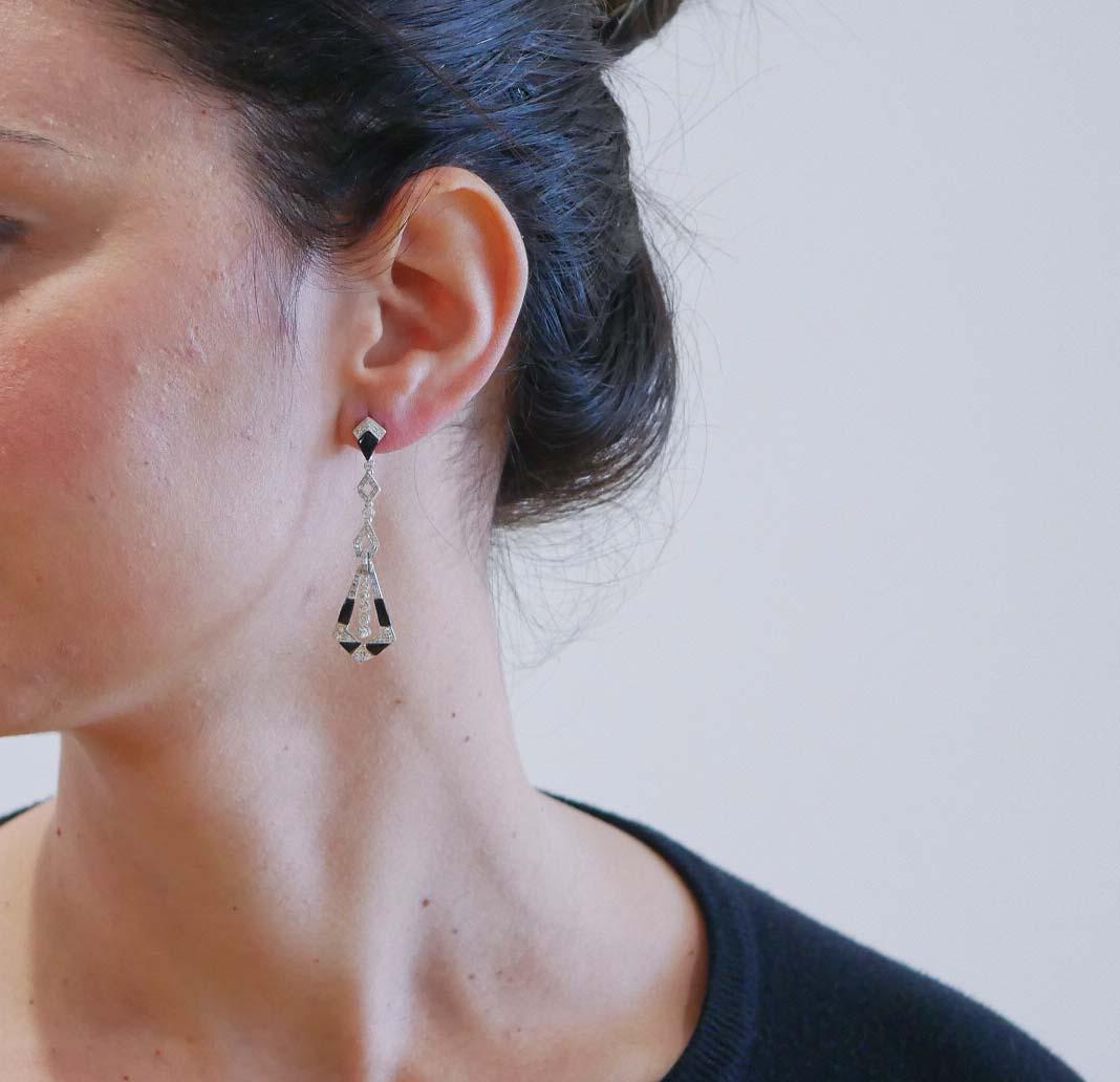 Onyx, Diamonds, Platinum Earrings. (Gemischter Schliff) im Angebot