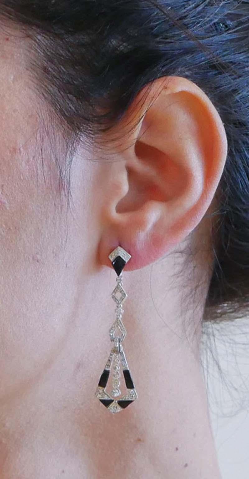 Onyx, Diamonds, Platinum Earrings. im Zustand „Gut“ im Angebot in Marcianise, Marcianise (CE)