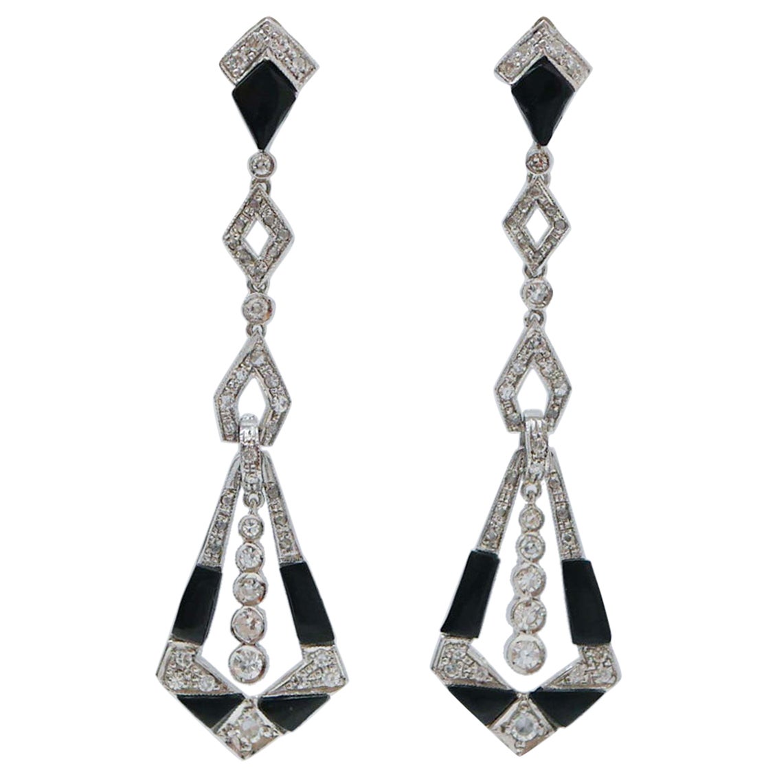 Onyx, Diamonds, Platinum Earrings.