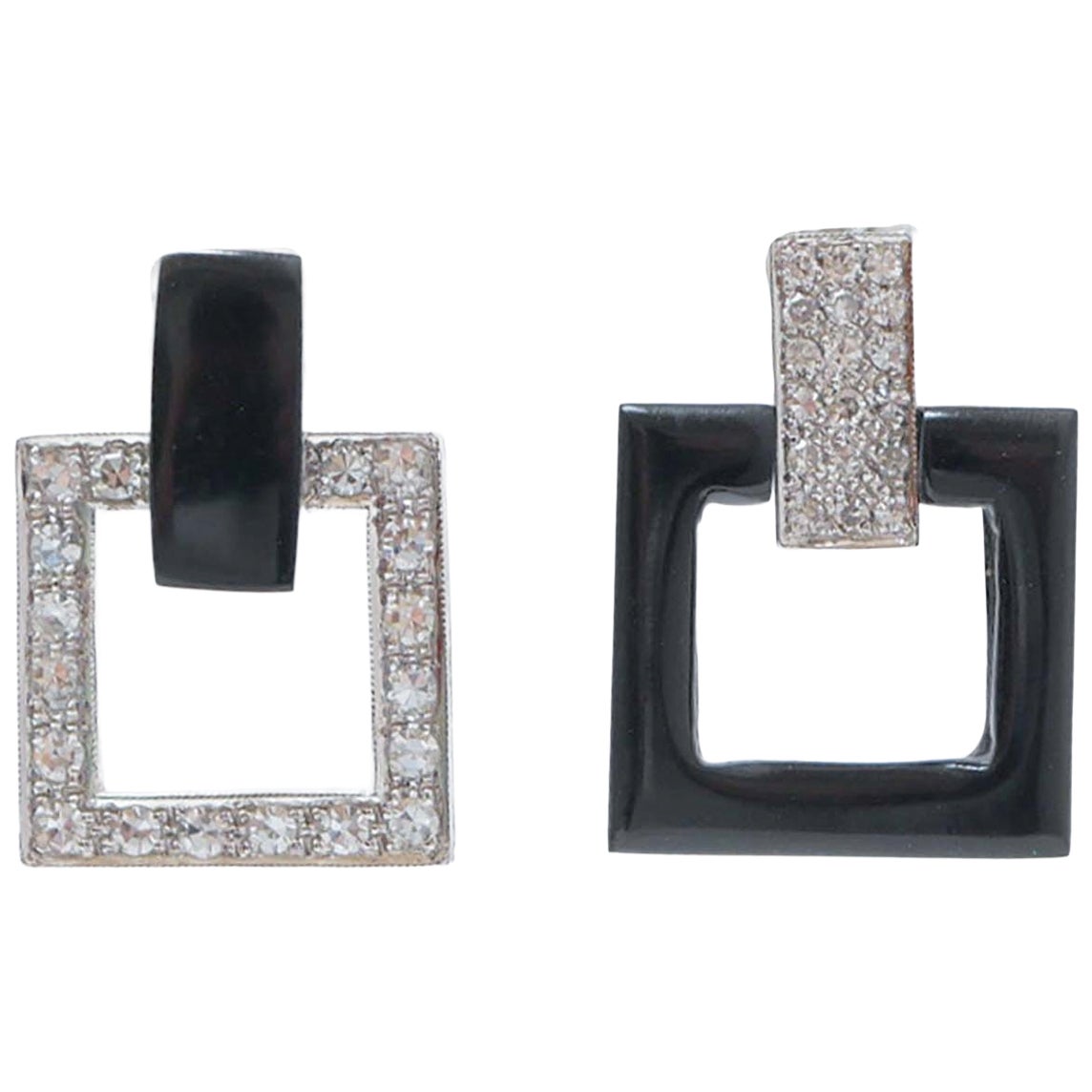 Onyx, Diamonds, Platinum Earrings. For Sale