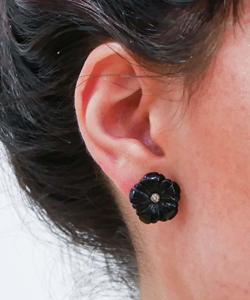 Boucles d'oreilles fleur en onyx, diamants, or rose et argent. Bon état - En vente à Marcianise, Marcianise (CE)
