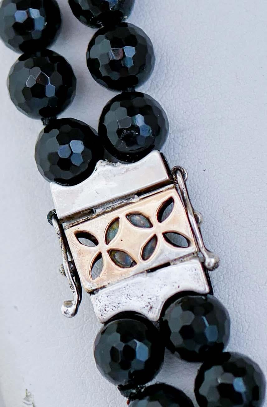 Mixed Cut Onyx, Diamonds, Rose Gold and Silver Multi-Strands Necklace. For Sale