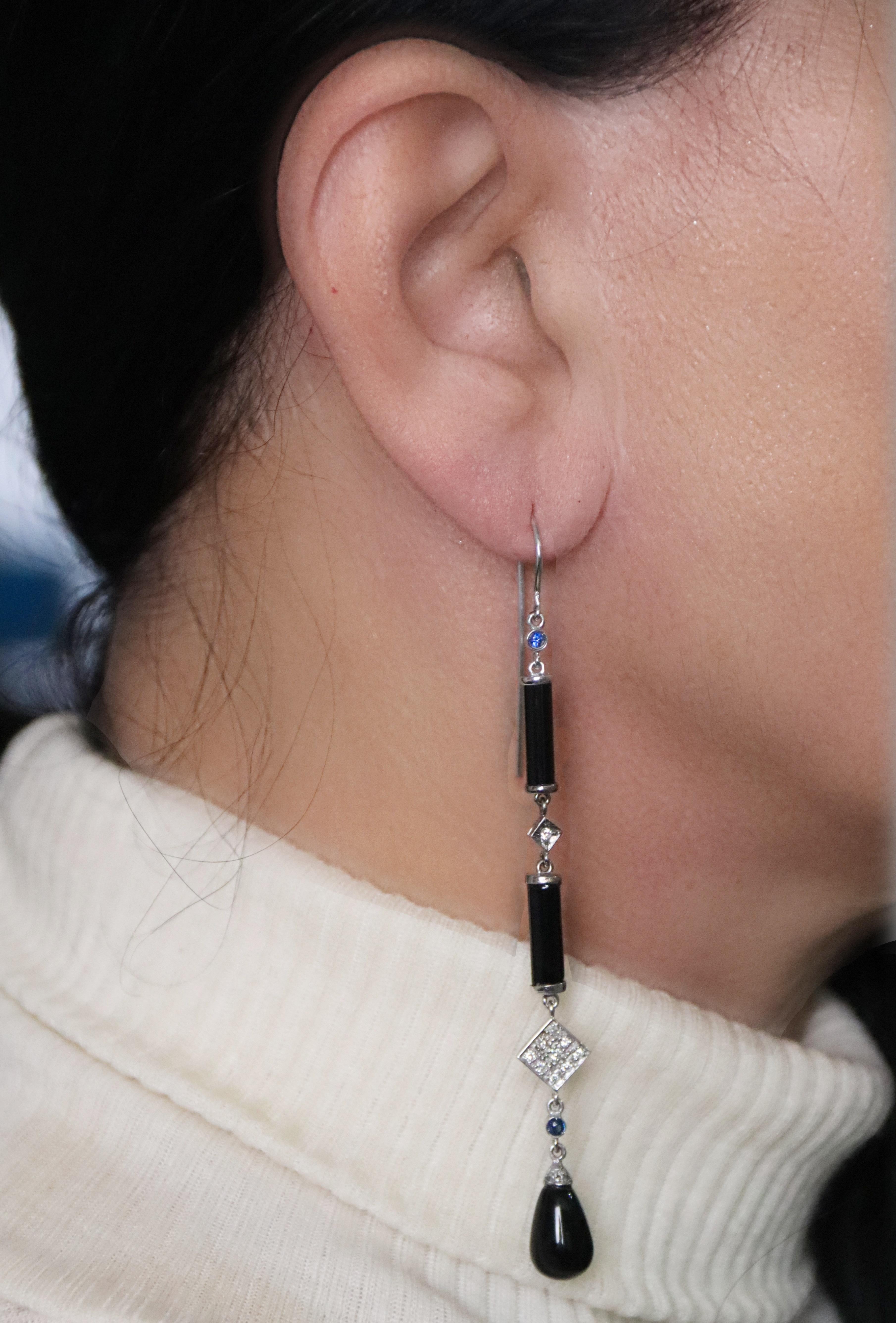 Women's Onyx Diamonds White Gold 18 Karat Drop Earrings For Sale