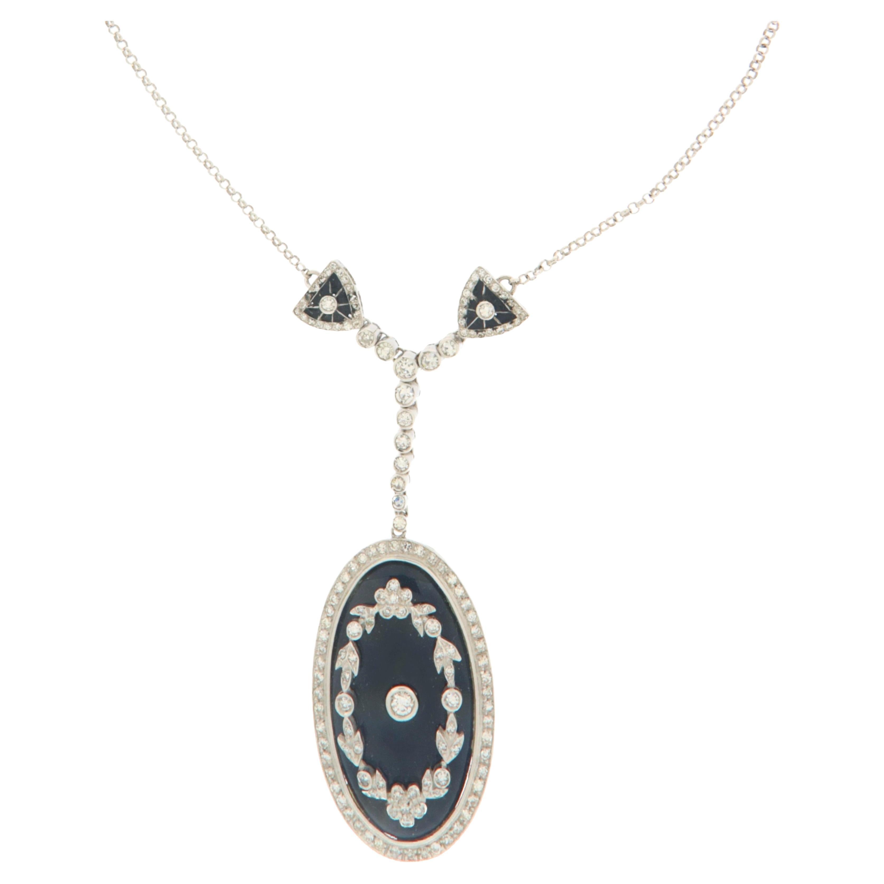 Onyx Diamonds White Gold 18 Karat Pendant Necklace