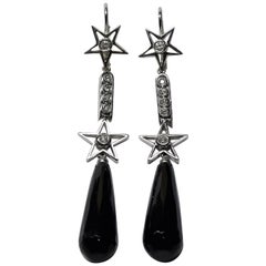 Onyx Drop 0.48 Round Cut White Diamond White Gold 18 Karat Earrings
