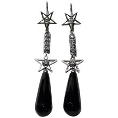 Onyx Drop 0.48 Round Cut White Diamond White Gold 18 Karat Earrings