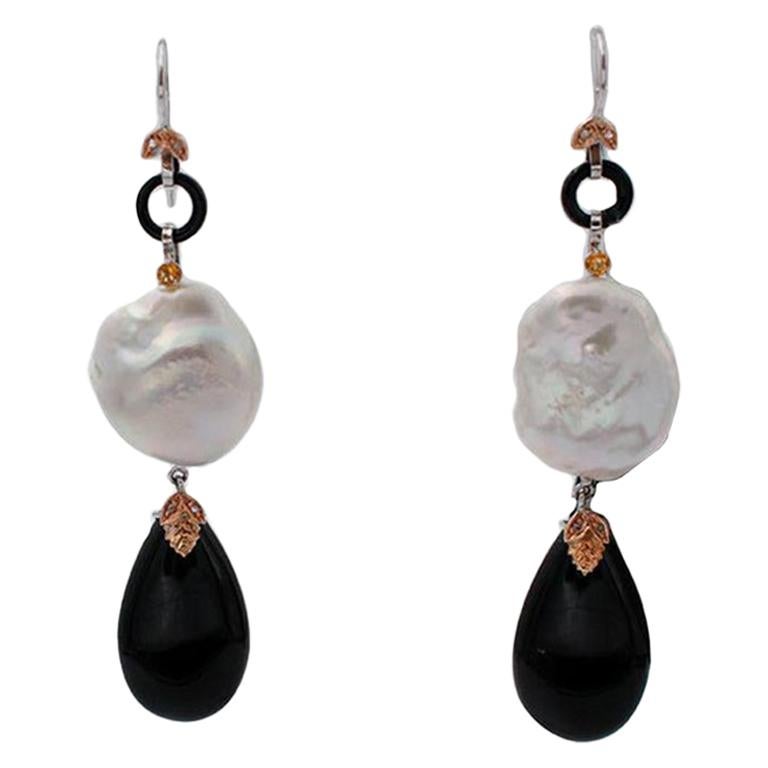 Onyx Drops and Baroque Pearls Dangle Earrings For Sale