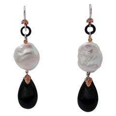 Onyx Drops and Baroque Pearls Dangle Earrings