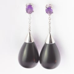 Onyx Drops Pendulum Amethyst Silver Italian Dangle Drop Chic Handmade Earrings