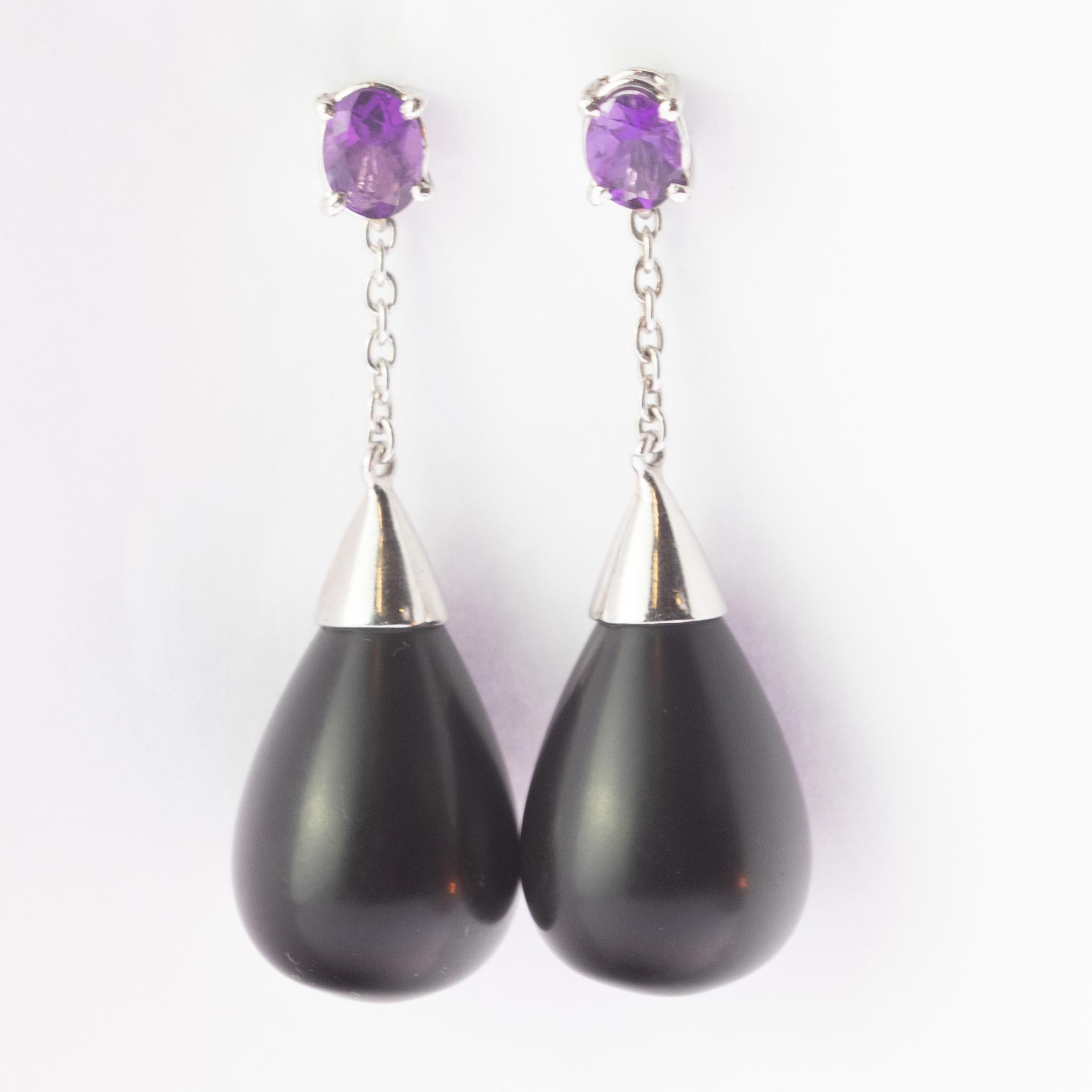 Taglio misto Gocce di onice Pendulum Ametista Argento Italiano Dangle Drop Chic Orecchini fatti a mano in vendita