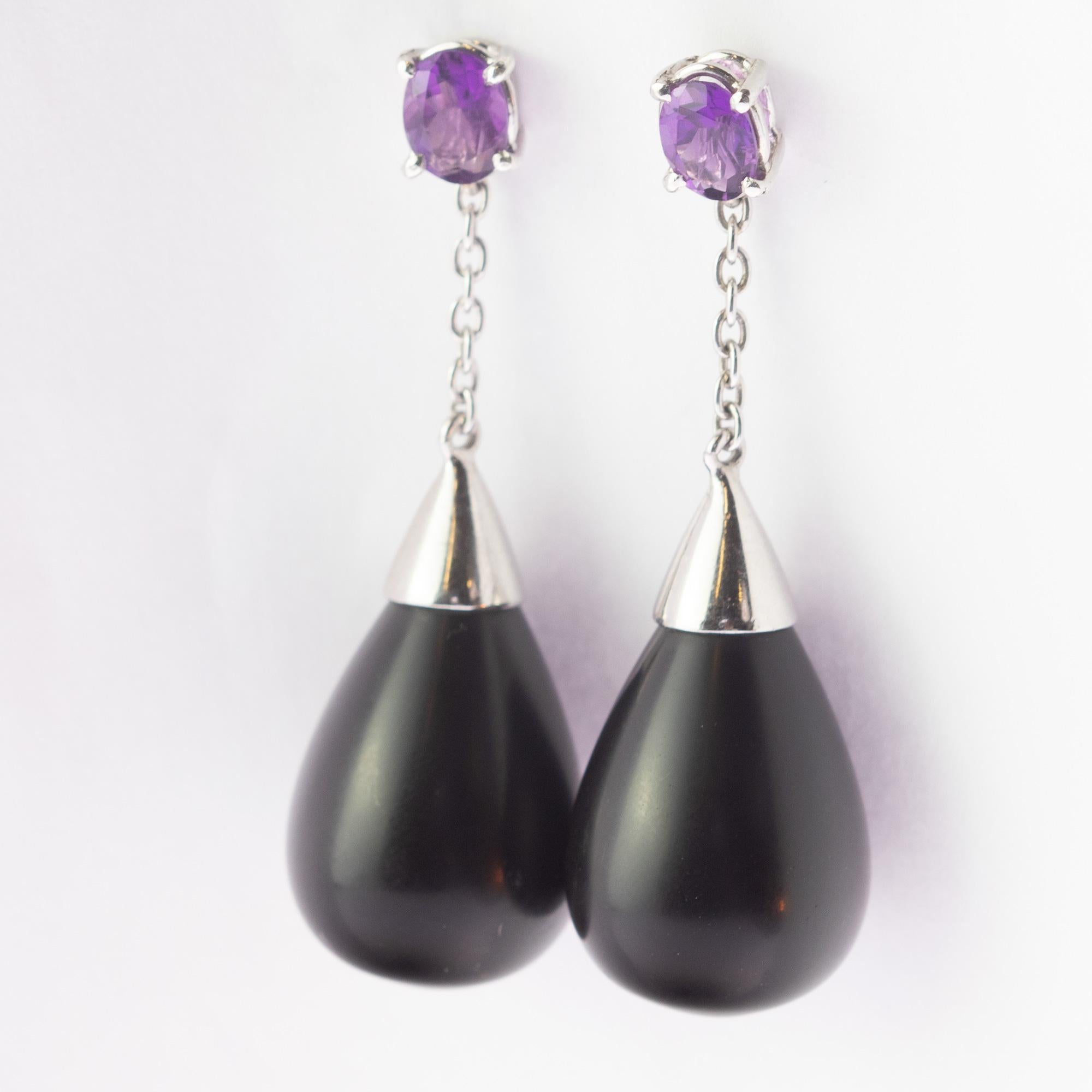 Donna Gocce di onice Pendulum Ametista Argento Italiano Dangle Drop Chic Orecchini fatti a mano in vendita